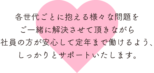 各世代ごとに抱える様々な問題をご一緒に解決させて頂きながら社員の方が安心して定年まで働けるよう、しっかりとサポートいたします。